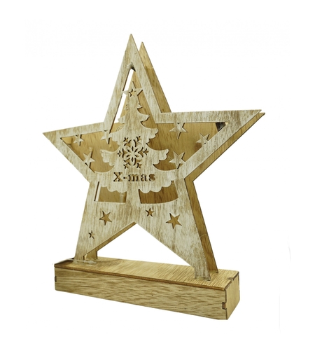 Decoratiune luminoasa, model de Stea cu Brad si inscriptie Marry Christmas, alb, lungime: 19 cm, latime: 5 cm, inaltime: 26 cm, lemn, interior/exterior