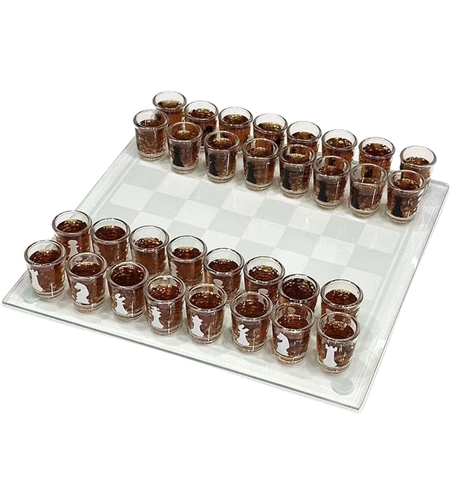 Joc de sah Flippy din sticla cu pahare pentru shoturi, 35x35 cm, transparent