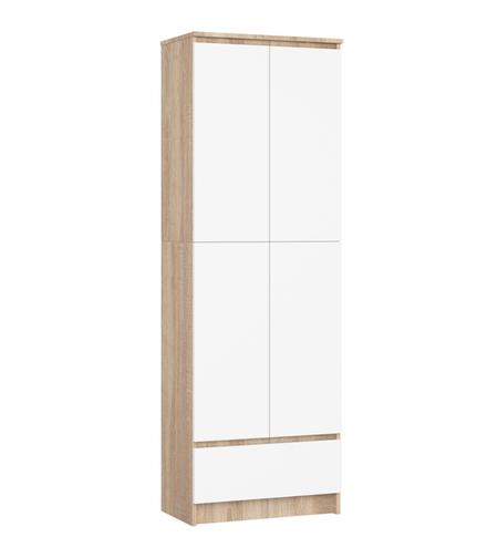 Dulap inchis cu 2 usi si sertar, 4 rafturi, PAL laminat 16 mm, 60x35x180 cm, stejar sonoma si alb