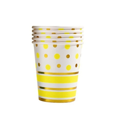 Set 10 Pahare, Flippy, Imprimeu cu Buline si Dungi, din Carton, 250 ml, 7.5 x 8.5 x 5.2 cm, Galben/Auriu