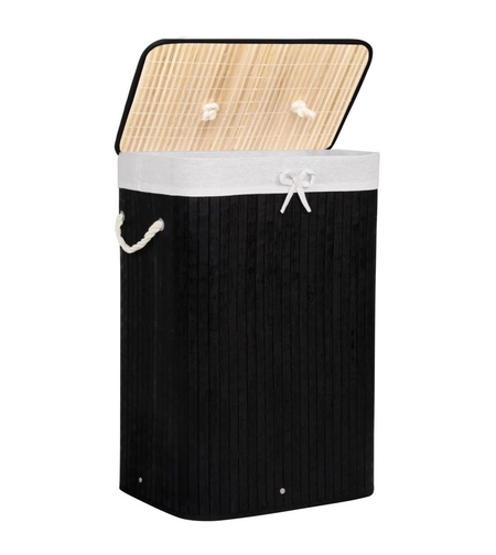 Cos de rufe cu capac, din bambus cu sac textil detasabil, 72 litri, 40x30x60 cm, negru