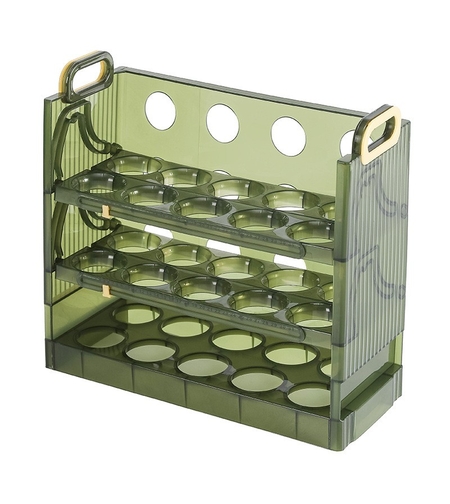 Suport Organizator pentru Oua, Flippy, pentru Frigider, Verde transparent, Capacitate 30 oua, Trei straturi, cu Data de Expirare, 25.5x10x23 cm