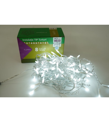 Instalatie de Craciun Vafy® Tip Turturi, 8 jocuri de lumini Sectiune 3 m, 96 LED-uri, Interconectabila, Fir Transparent, Alb Rece
