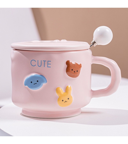 Cana ceramica, Flippy, din Portelan, print Figurine Animalute, Cana penru Copii, Model CUTE, Cana cu Lingura si Capac, Ceasca pentru Cafea, Ceai, 400ml Roz