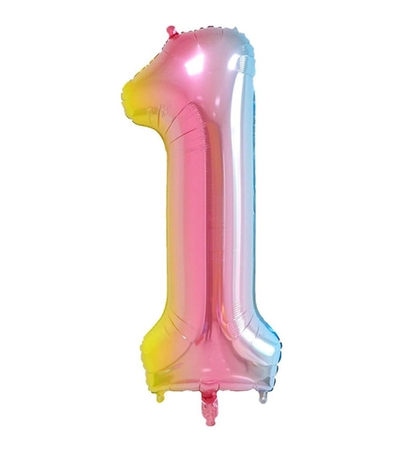 Balon din Folie Metalizata Gradient Flippy, Figurina Cifra, Tema Aniversare 100 cm, Ambalaj Individual, Pai inclus, Umflare cu Aer sau Heliu, Multicolor, Cifra 1