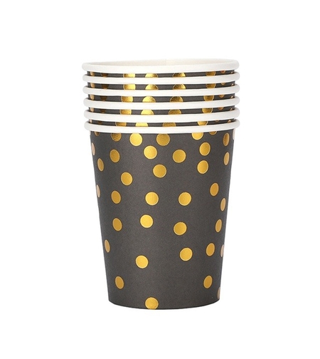 Set 10 Pahare, Flippy, Imprimeu cu Buline, din Carton, 250 ml, 7.5 x 8.5 x 5.2 cm, Negru/Auriu
