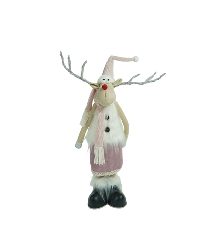 Ornament de Craciun ren cu picioare telescopice, Flippy, roz/alb, textil, 72 cm