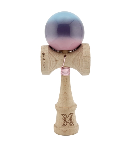 Kendama X Originala, Profesionala, Flippy, Big Cups V2, Super Sticky cu Cupe Mari, din lemn 18 cm, Rulment Metalic cu Ata 55 cm, Albastru/Mov/Roz