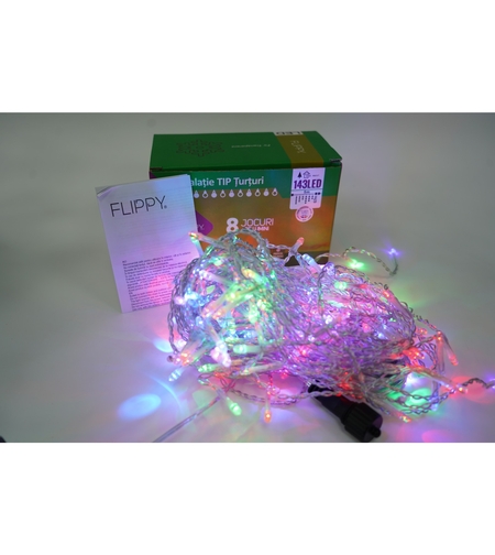 Sectiune Instalatie de Craciun Vafy® Tip Turturi, Flash 5 m, 143 LED-uri, Interconectabila, Fir Transparent, RB-RG, Atentie! nu contine alimentator