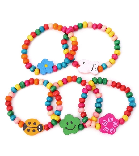 Bratara Curcubeu Elastica, Bile si Pandantive din Lemn Colorate, Modele pentru Copii