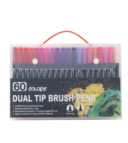 Set 60 Carioci, Flippy, pe Baza de Apa, 2 Tipuri de Varf, 1-2 mm, 0.4 mm, Corp Carioca Negru, din Plastic, Multicolor