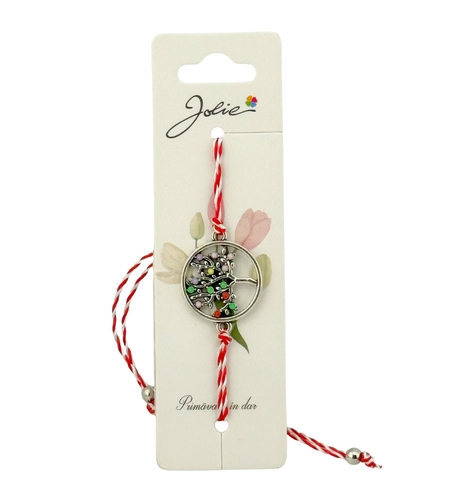 Martisor Bratara Snur Alb-Rosu, Jolie, Pandantiv Metalic, Model Copacul Vietii
