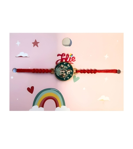 Martisor Bratara pentru Copii, Jolie, Model Cerc cu Flori, Snur cu Impletitura Rosu Reglabil, Verde