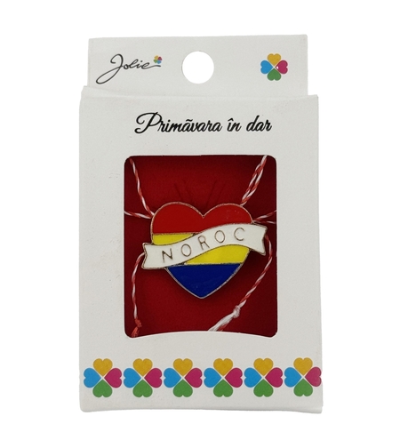 Martisor Brosa Mica in Cutie, Jolie, Design cu Mesaj, Dimensiune 2.5 x 3 cm, Material Metal, Model Inima Noroc