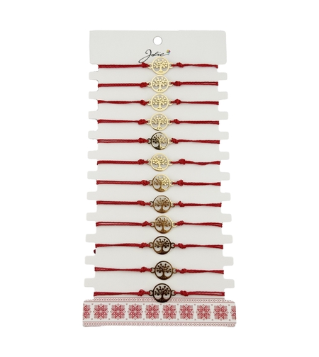 Bratara Martisor pentru Dama, Jolie, Model Copacul Vietii, Set 12 bucati, Pandativ Auriu din Inox cu Snur Rosu Ajustabil