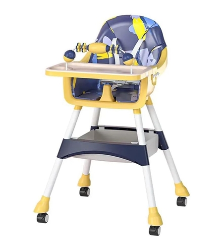 Scaun de Masa 2in1, Flippy, pentru Copii de la 6 luni - 5 Ani, Inaltime Reglabila, Centura in 5 Puncte, Tava de Masa, Roti cu Frana, Cos Depozitare, Jucarie Inclusa, 94 x 78 x 60 cm, Albastru/Galben