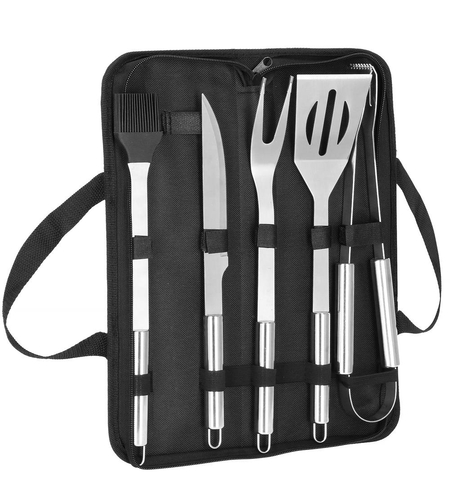 Set ustensile gratar 5 piese, inox, cu husa transport, 37x14x5 cm, argintiu