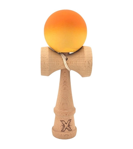 Kendama X Originala, Profesionala, Flippy, Rubber Grip, din Lemn, 18 cm, Portocaliu/Galben