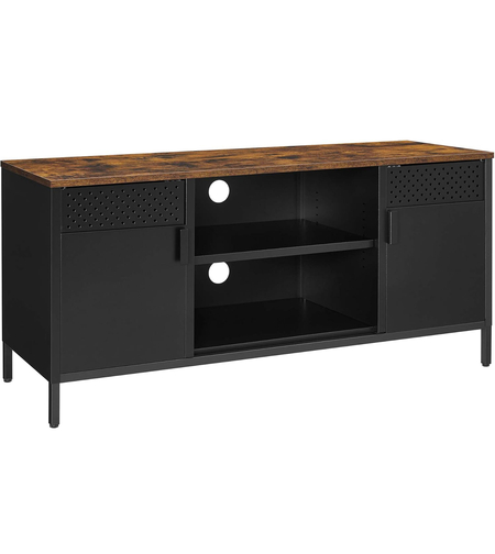 SONGMICS Comoda TV 120x40x55 cm, 3 rafturi reglabile, 2 usi, stil vintage, PAL si otel, maro-negru mat