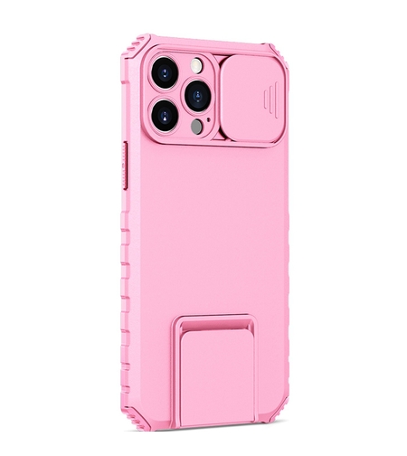 Husa Defender cu Stand pentru iPhone 12, Roz, Suport reglabil, Antisoc, Protectie glisanta pentru camera, Vafy