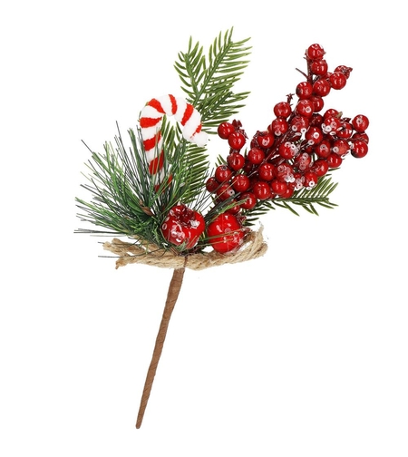 Ramura decorativa Craciun cu fructe rosii, acadea si sfoara iuta, 24 cm, rosu