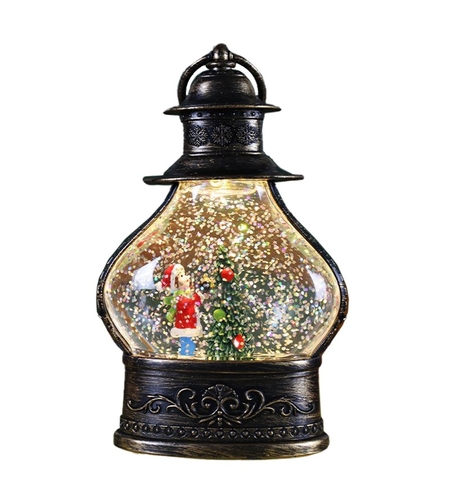 Decoratiune de Craciun tip Felinar, Flippy, Glob de Cristal cu Fulgi de Zapada, Model Elf, Ornamentat cu Luminite Interioare, 14.5 x 9 x 3 cm, Rama Neagra, Transparent