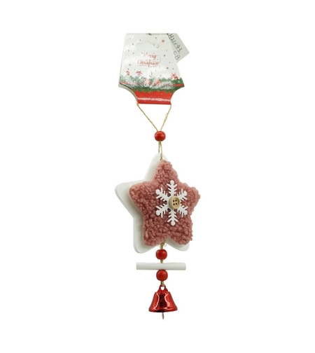 Ornament de brad broderie cu stea, Flippy, roz, lemn, 18 cm