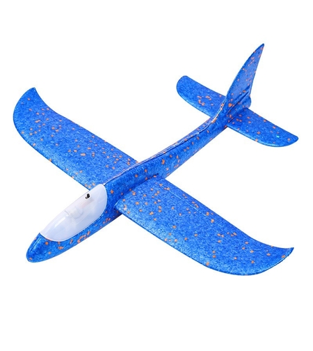 Avion planor din polistiren in punga , lungime 47 cm, cu lumini pe toata lungimea, Albastru , Flippy