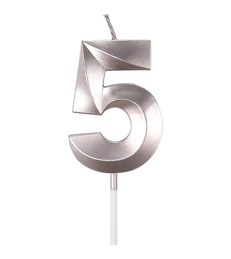 Lumanare Cifra 5, Flippy, Model Diamond, 5 x 3.4 cm, Argintiu