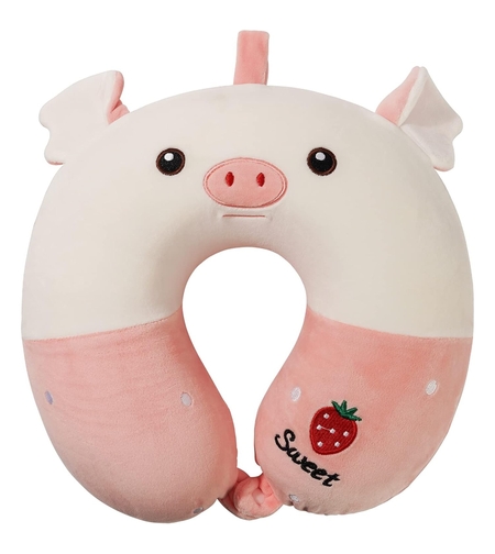 Perna de Calatorie in Forma de U, Vafy, Pentru Gat si Cap, Umplutura din Spuma cu Memorie, 30x30 cm, Model Purcelus, Accesoriu de Voiaj, Birou, Masina, Sistem Prindere Capse, Alb-Roz