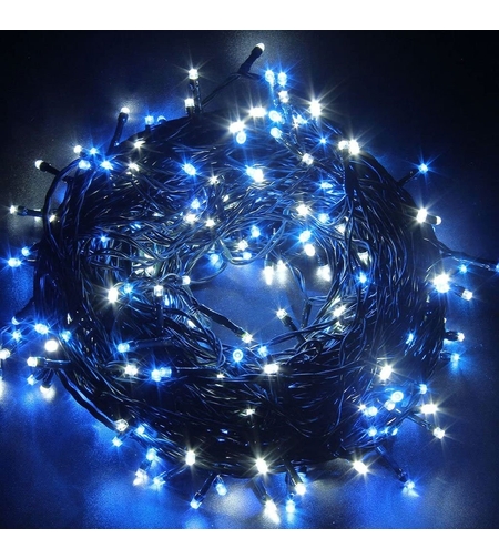 Instalatie Craciun, 10 m, 286 Led-uri ,Franjuri, Albastru, Flash, Transformator cu telecomanda, Interconectabila, Prelungitor 3 m inclus, Fir Negru, Vafy