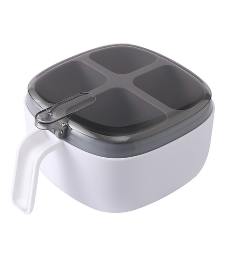 Recipient pentru condimente Flippy, 4 casute, potrivit pentru sare, cimbru, piper, condimente, 4 lingurite din plastic, capac din plastic, maner, 14x14x8 cm, alb