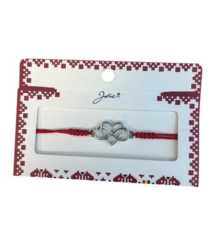 Martisor tip Bratara cu Pandantiv Metalic, Jolie, cu Snur Textil Rosu Impletit, Model Inima Infinit, Dimensiune Reglabila, Ambalata Individual