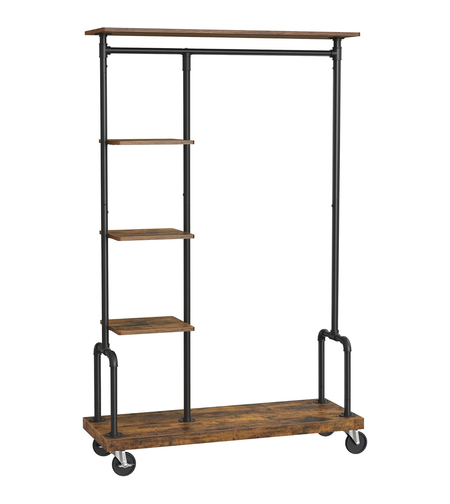 VASAGLE Suport haine cu roti, 5 rafturi, bara metalica pentru umerase, cadru metalic, 104x40x175 cm, maro rustic