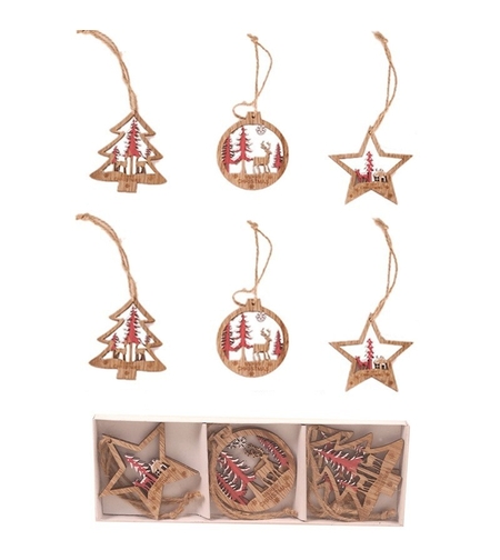 Set 6 Decoratiuni de Craciun din Lemn, Flippy, cu Snur pentru Agatare in Brad, Model Brad, Glob si Steluta, Rosu