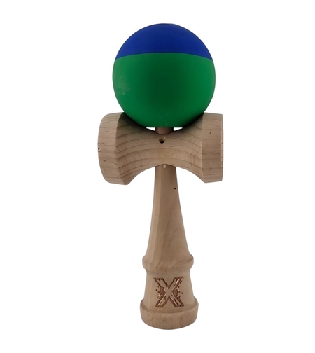 Jucarie Kendama X Originala, Profesionala, Flippy, din Lemn, Rubber Grip, 18 cm, Albastru/Verde