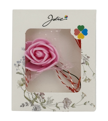 Martisor Motiv Floral, Jolie, Model Trandafir, cu Snur Alb/Rosu, 9 x 5 cm, Roz