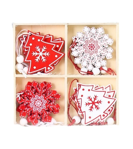 Set 12 Decoratiuni de Craciun din Lemn, Flippy, cu Snur pentru Agatare in Brad, Model Brazi si Fulgi de Nea, Alb-Rosu