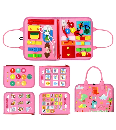 Carte Senzoriala Educativa Montessori 7in1, Flippy, 26 de Activitati, Dezvoltare Abilitati Motorii, 4 Pagini, Model Dinozauri, 28x22x7 cm, Roz