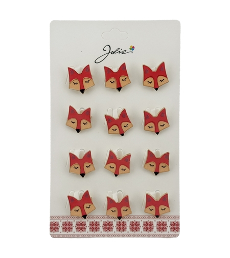 Set 12 Brose Martisor Traditional, Jolie, Model Vulpe, Brose din Metal, Aspect Lacuit, 2,5 x 2,5 cm per Unitate, Rosu