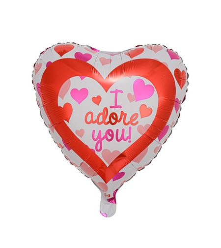 Balon din Folie Metalizată, Flippy, Forma de Inima, Model I Adore you, 45cm, Ambalaj Individual, Pai inclus, Umflare cu Aer sau Heliu, Rosu