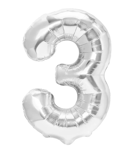 Balon din Folie Metalizata Flippy, Figurina Cifra, Tema Aniversare 40 cm, Ambalaj Individual, Pai inclus, Umflare cu Aer sau Heliu, Argintiu, Cifra 3