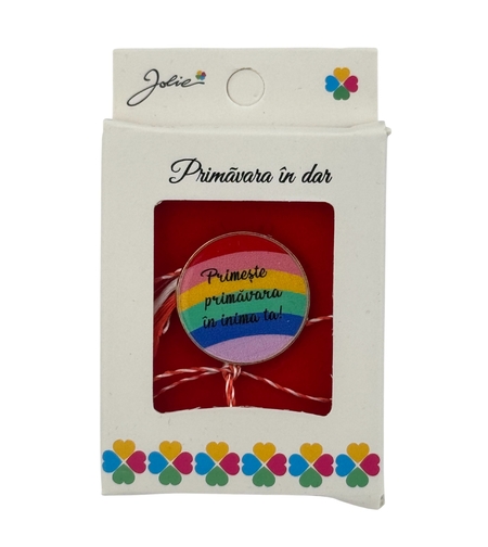 Martisor Brosa Mica in Cutie, Jolie, Design cu Mesaj, Dimensiune 2.5-3 cm, Material Metal, Model Rotund Curcubeu