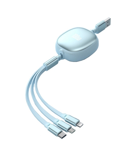 Cablu Retractabil Universal pentru Telefon, Flippy, Universal 3in1 pentru Orice Tip de Telefon, Micro-USB, Lightning, TYPE-C, 1.2M, Albastru deschis
