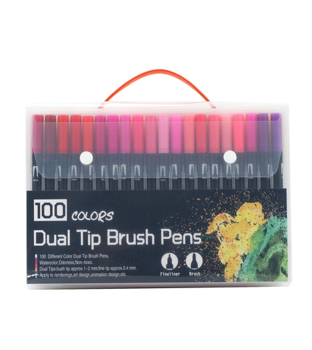 Set 100 Carioci, Flippy, pe Baza de Apa, 2 Tipuri de Varf, 1-2 mm, 0.4 mm, Corp Carioca Negru, din Plastic, Multicolor