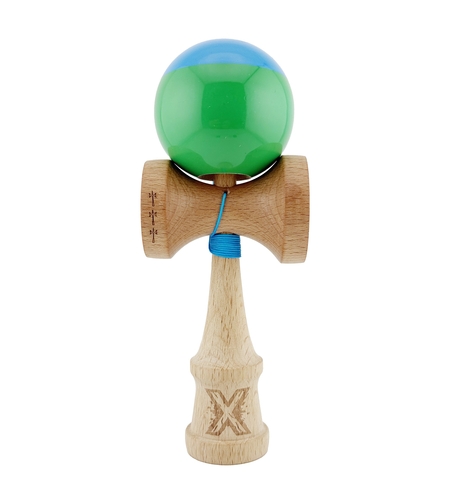 Kendama X Originala, Profesionala, Flippy, Big Cups V2, Super Sticky cu Cupe Mari, Rulment Metalic, din lemn 18 cm, Ata 55 cm, Albastru/Verde