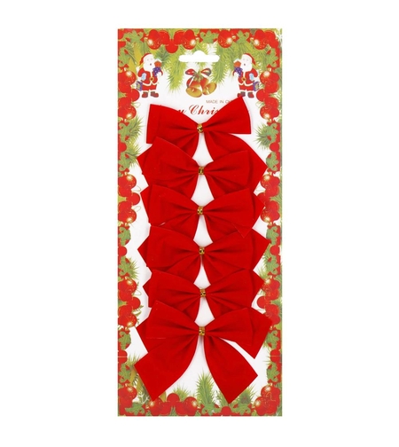 Set 6 ornamente pentru bradul de Craciun, fundita, 8cm, rosu