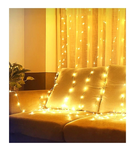 Instalatie Craciun, Tip Perdea IP44, 3m x 2m, 200 Led-uri, Alb cald, USB si telecomanda cu 8 functii, Vafy