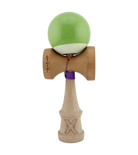 Kendama X Originala, Profesionala, Flippy, Big Cups V2, Super Sticky cu Cupe Mari, din lemn 18 cm, Rulment Metalic cu Ata 55 cm, Verde deschis/Alb