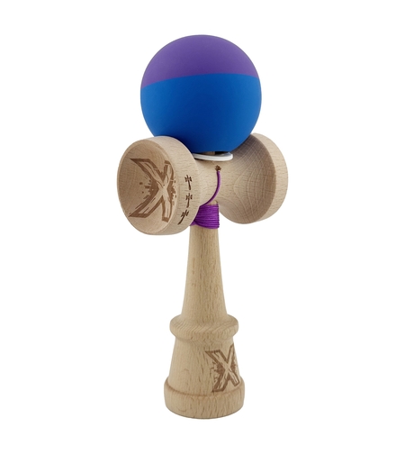 Kendama X Originala, Profesionala, Flippy, Rubber Grip, Cupe Mari KING SIZE V3, Gaura in Baza, Rulment Metalic, din lemn 18 cm, Ata 62/65 cm, Bicolor Mov/Albastru